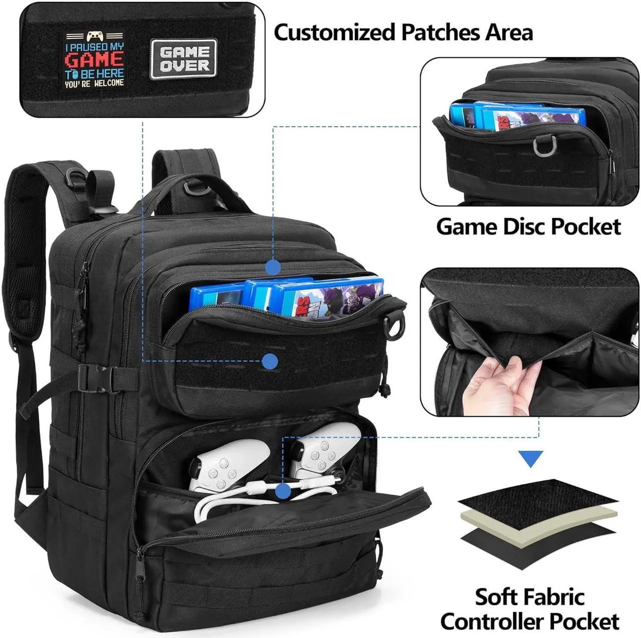 Alt view image 3 of 7 - PGmoon Tactical Game Backpack Compatible with PS5/PS5 Slim/PS4 Console, Travel Carrying Case Storage Bag for 15.6" Laptop, Portable Monitor, Controller, Headset and Other Gaming Accessories