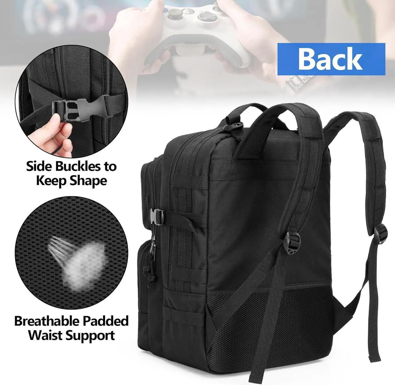 Alt view image 4 of 7 - PGmoon Tactical Game Backpack Compatible with PS5/PS5 Slim/PS4 Console, Travel Carrying Case Storage Bag for 15.6" Laptop, Portable Monitor, Controller, Headset and Other Gaming Accessories