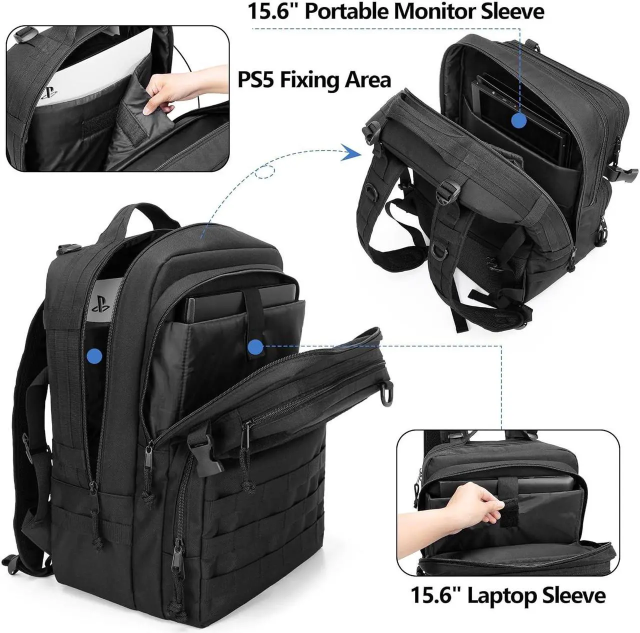 Alt view image 2 of 7 - PGmoon Tactical Game Backpack Compatible with PS5/PS5 Slim/PS4 Console, Travel Carrying Case Storage Bag for 15.6" Laptop, Portable Monitor, Controller, Headset and Other Gaming Accessories