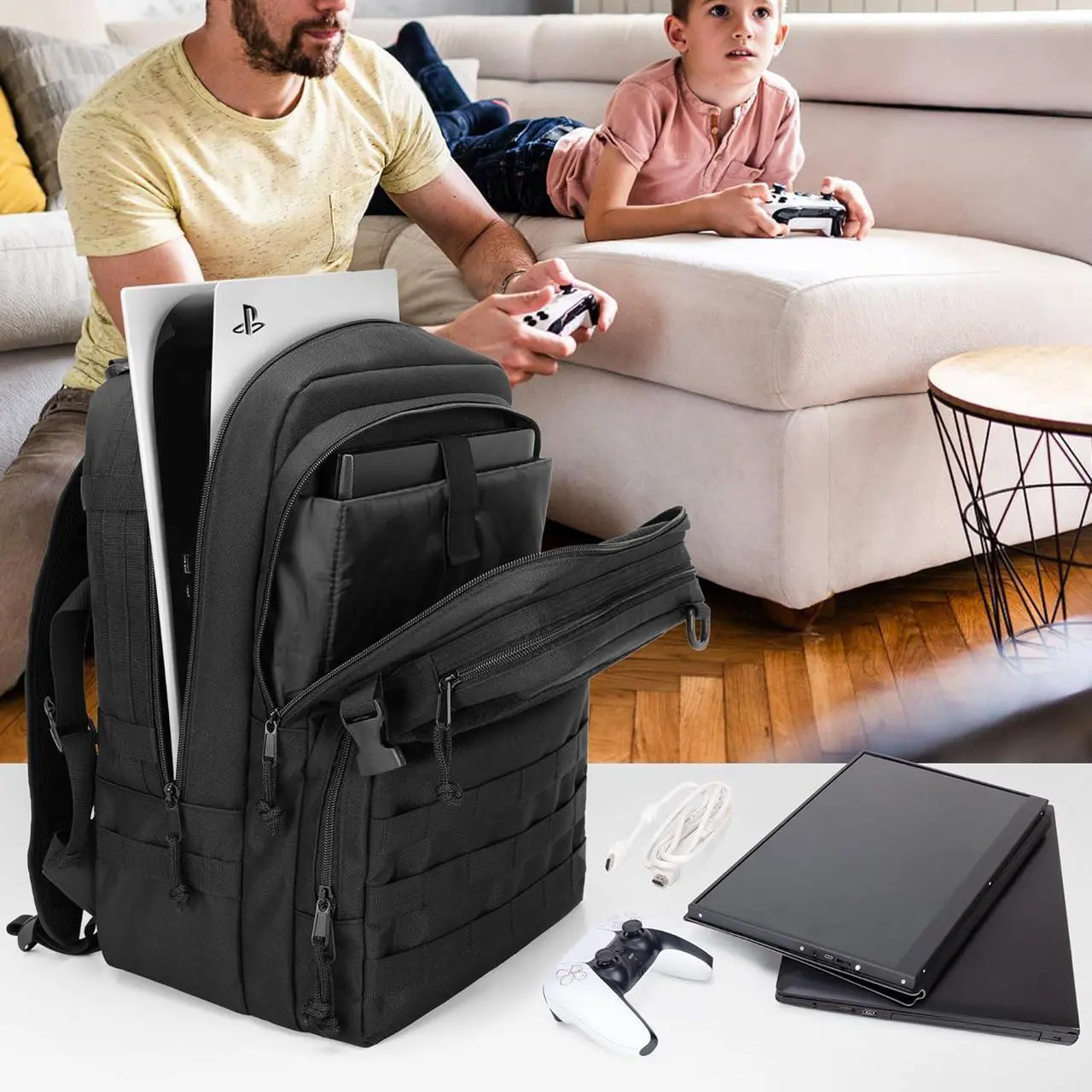 Alt view image 7 of 7 - PGmoon Tactical Game Backpack Compatible with PS5/PS5 Slim/PS4 Console, Travel Carrying Case Storage Bag for 15.6" Laptop, Portable Monitor, Controller, Headset and Other Gaming Accessories
