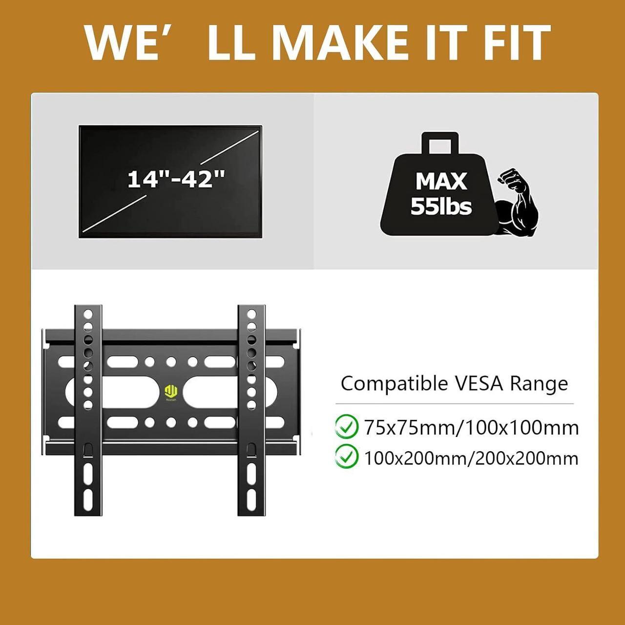 Alt view image 4 of 7 - Nuyoah TV Wall Mount Bracket Low Profile Fixed for 14-42 Inch Flat Screen TVs & Monitors Up to 55lbs, Universal TV Monitor Mount Fits 8" Wood Studs Max VESA 200x200mm