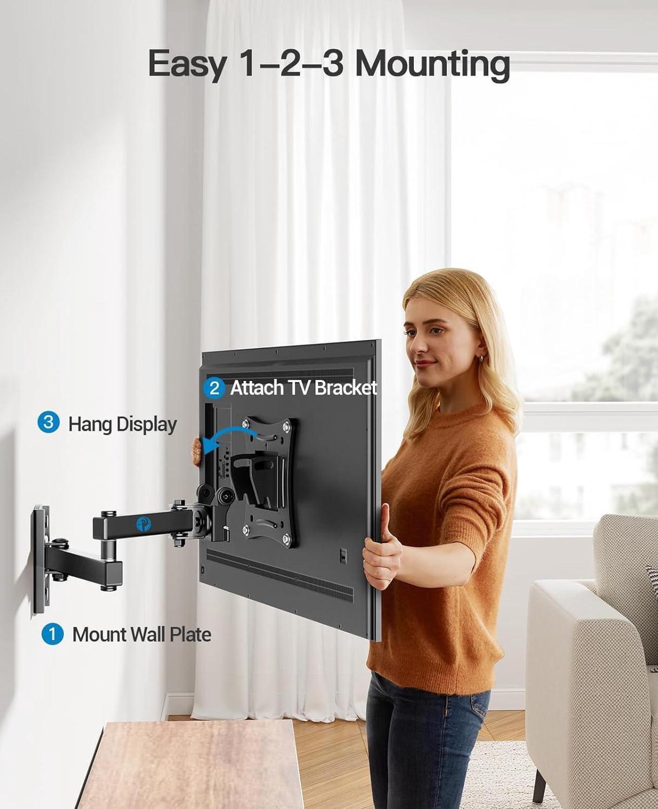 Alt view image 4 of 7 - Pipishell Full Motion TV Wall Mount Brackets Swivel Tilts Articulating Extension Fits Max VESA 100x100mm, Corner TV Mount for 13-32 Inches LED LCD Flat Curved Screen TVs Monitors, Single Stud