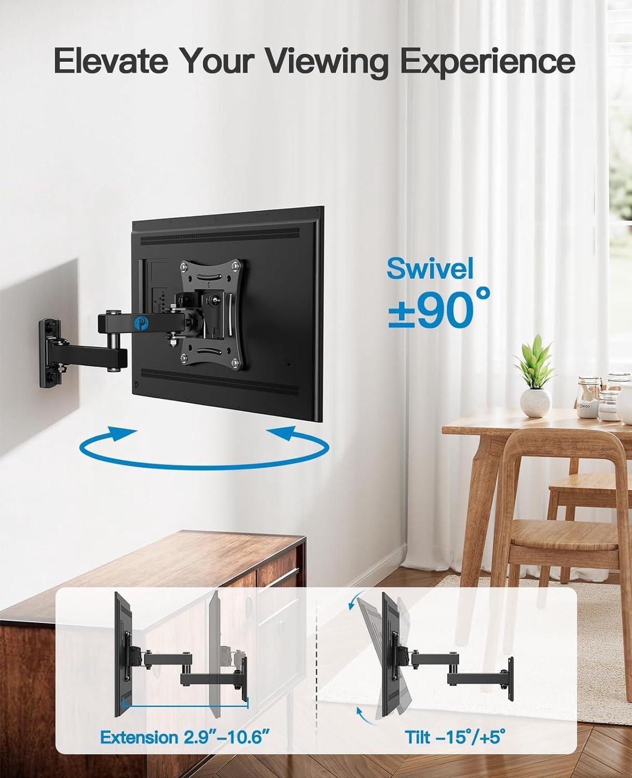 Alt view image 5 of 7 - Pipishell Full Motion TV Wall Mount Brackets Swivel Tilts Articulating Extension Fits Max VESA 100x100mm, Corner TV Mount for 13-32 Inches LED LCD Flat Curved Screen TVs Monitors, Single Stud
