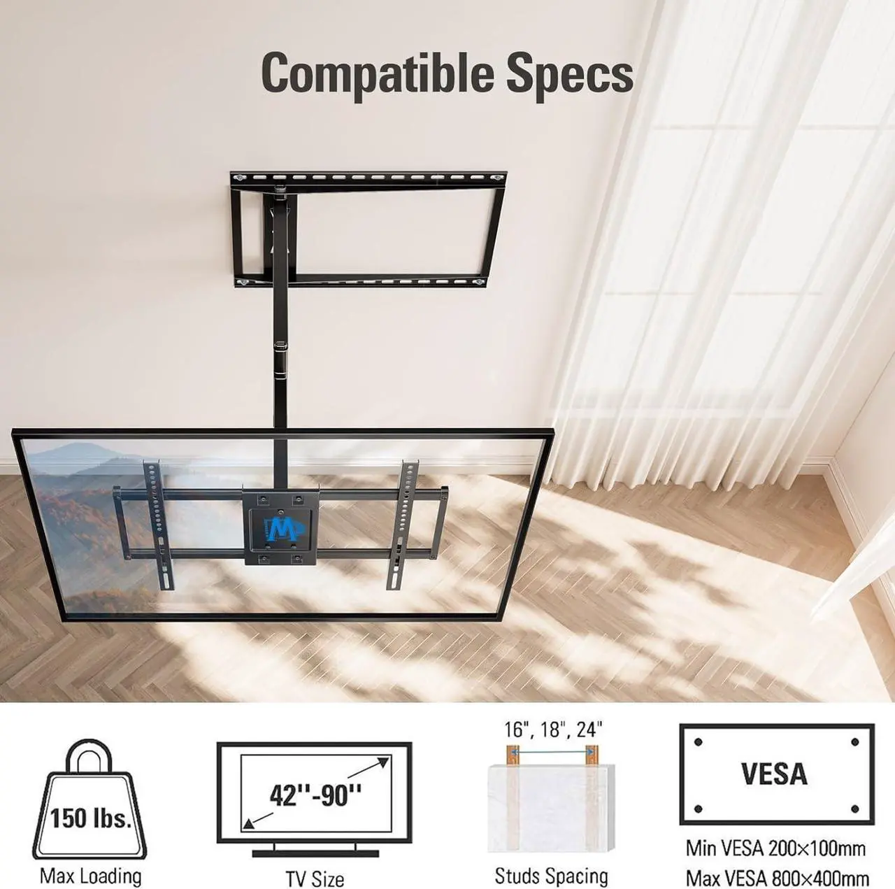 Alt view image 5 of 7 - Mounting Dream Long Arm TV Wall Mount for Most 42-90 Inch TV, 40 Inch Extension TV Mount Swivel and Tilt, Full Motion Mount Fits Max VESA 800x400mm, 150 lbs. Loading, 16,18, 24 Studs