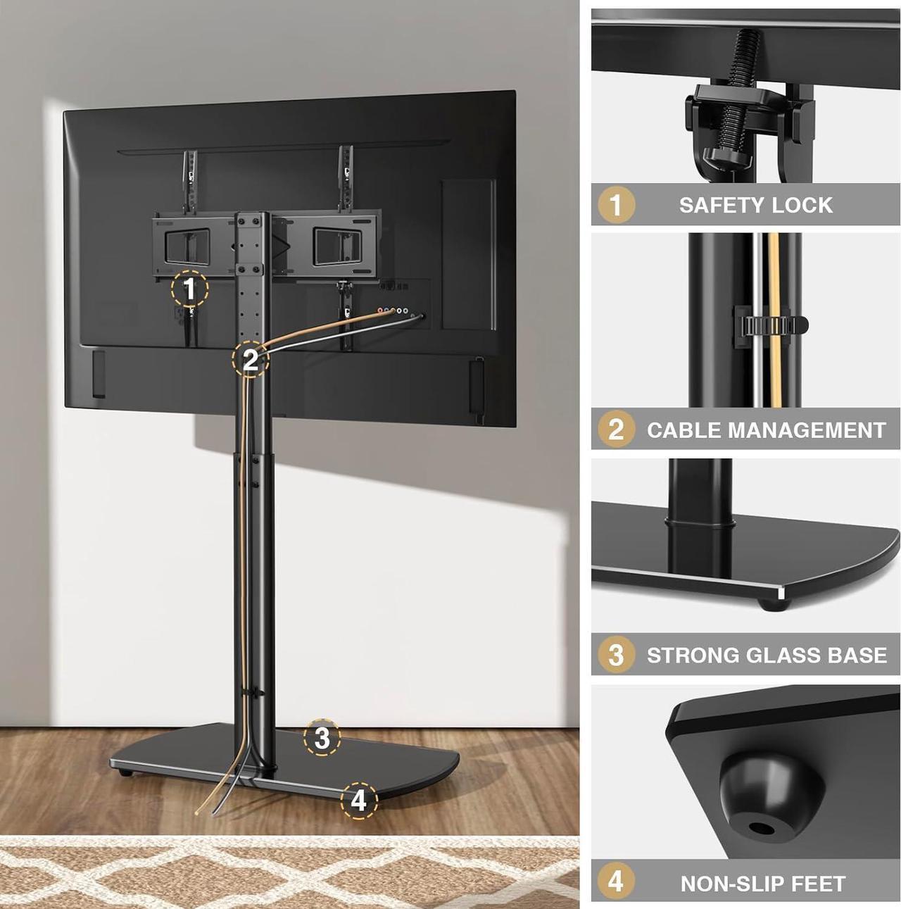 Alt view image 7 of 7 - TAVR Floor TV Stand with Swivel Mount for Most 26 to 65 Inch LCD LED OLED Plasma Flat/Curved Screen TVs, Height Adjustable Skinny TV Stand with Cable Management, Black