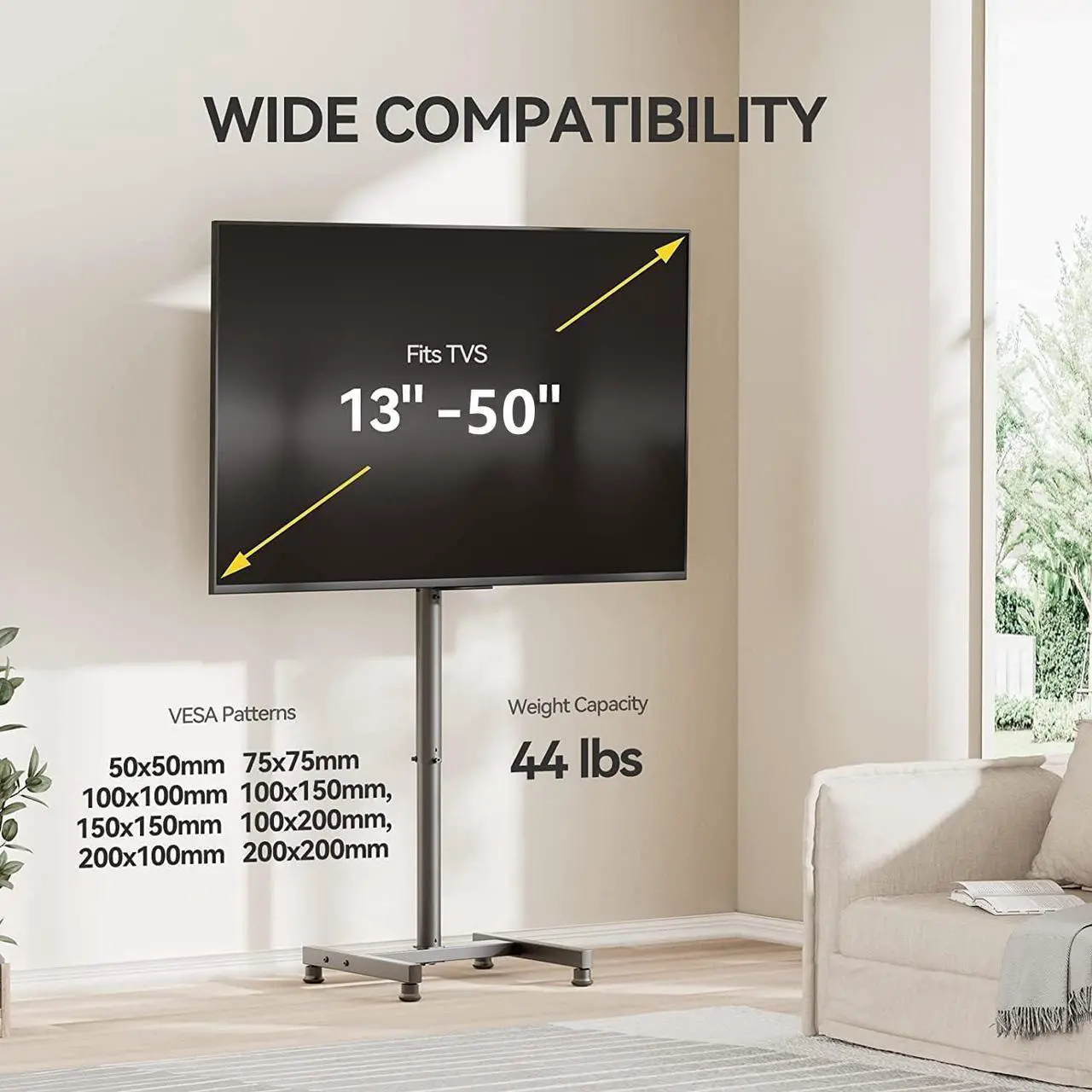 Alt view image 3 of 7 - AM alphamount TV Floor Stand for 13-50 inch Flat/Curved TVs up to 44 lbs, 8 Level Height Adjustable Monitor Floor TV Stand with VESA 200x200, Portable TV Mount Stand for Living Room, Bedroom, Office