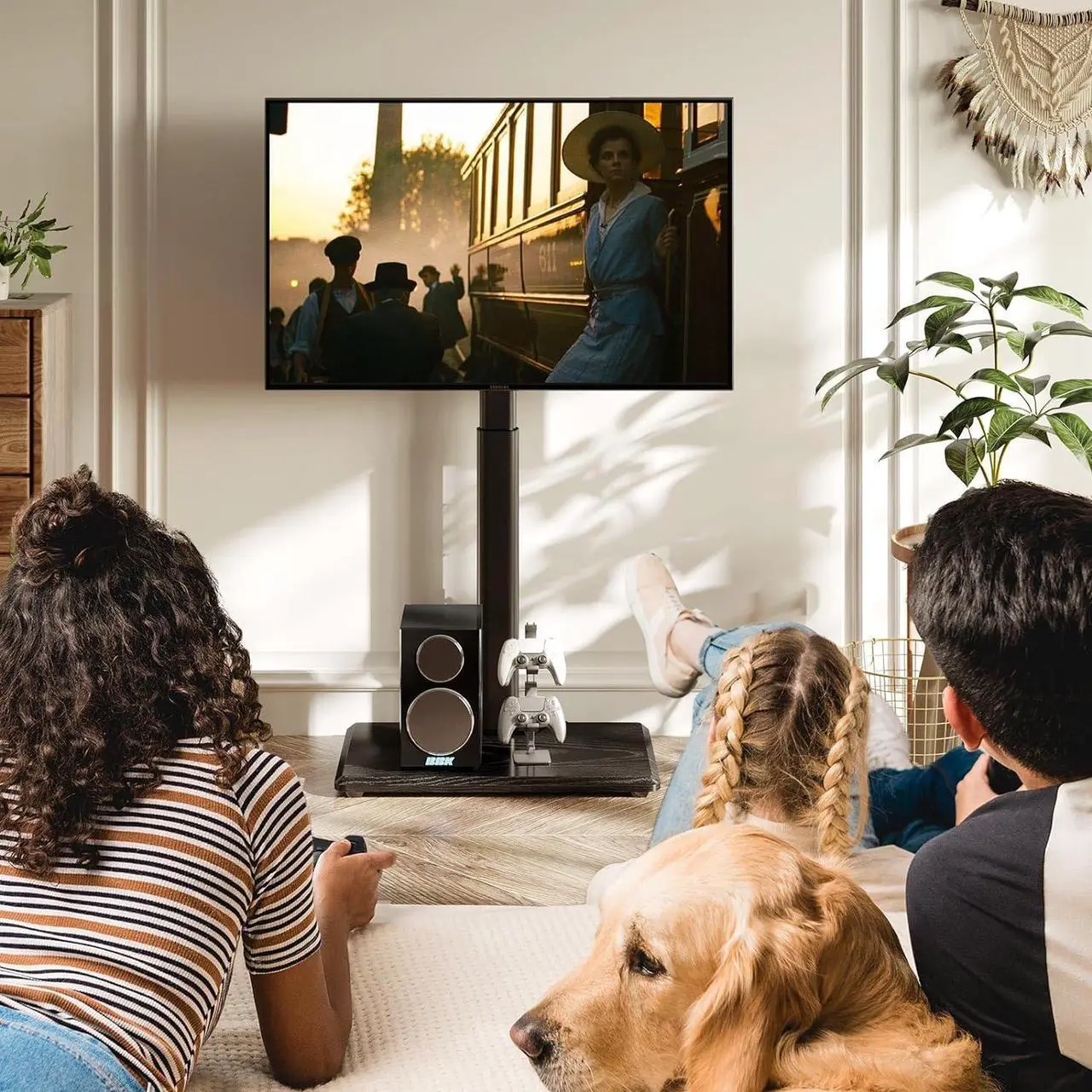 Alt view image 2 of 7 - Greenstell TV Stand with Power Outlet, Universal Floor TV Stand for 32-75 inch TVs, Height Adjustable, Swivel Tall TV Stand with Wood Base, Holds up to 110 LBs, Max VESA 600x400mm
