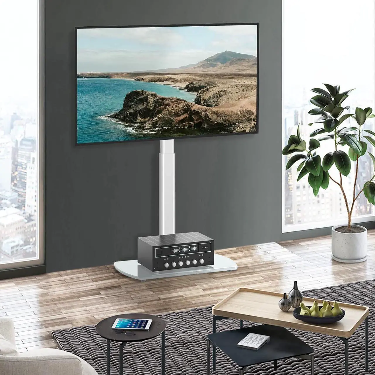 Alt view image 7 of 7 - TAVR Floor TV Stand with Swivel Mount for Most 26 to 65 Inch LCD LED OLED Plasma Flat/Curved Screen TVs, Height Adjustable Skinny TV Stand with Cable Management, White