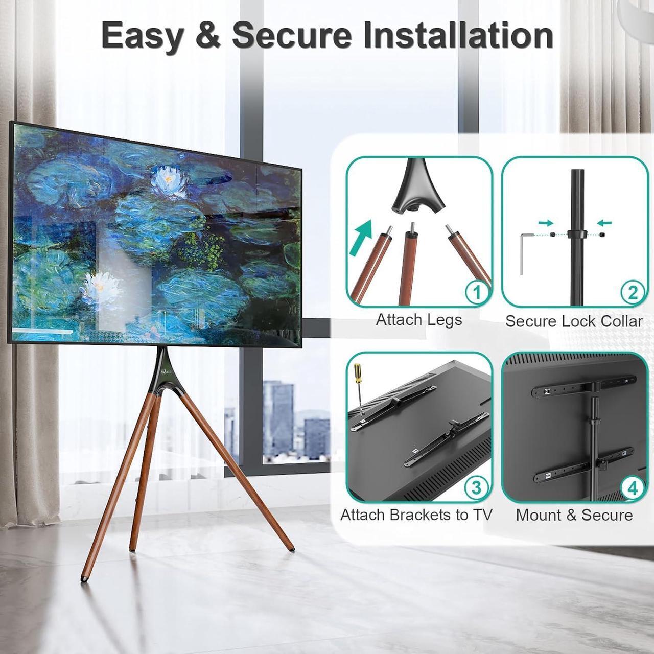 Alt view image 2 of 7 - WALI Tripod TV Stand, Modern Easel TV Stand for 45 to 65 inch Screens, Portable TV Floor Stand with Beech Wood Legs Stand, Height Adjustable Corner TV Mount for Home, Studio,Office (TFS001XL), Black