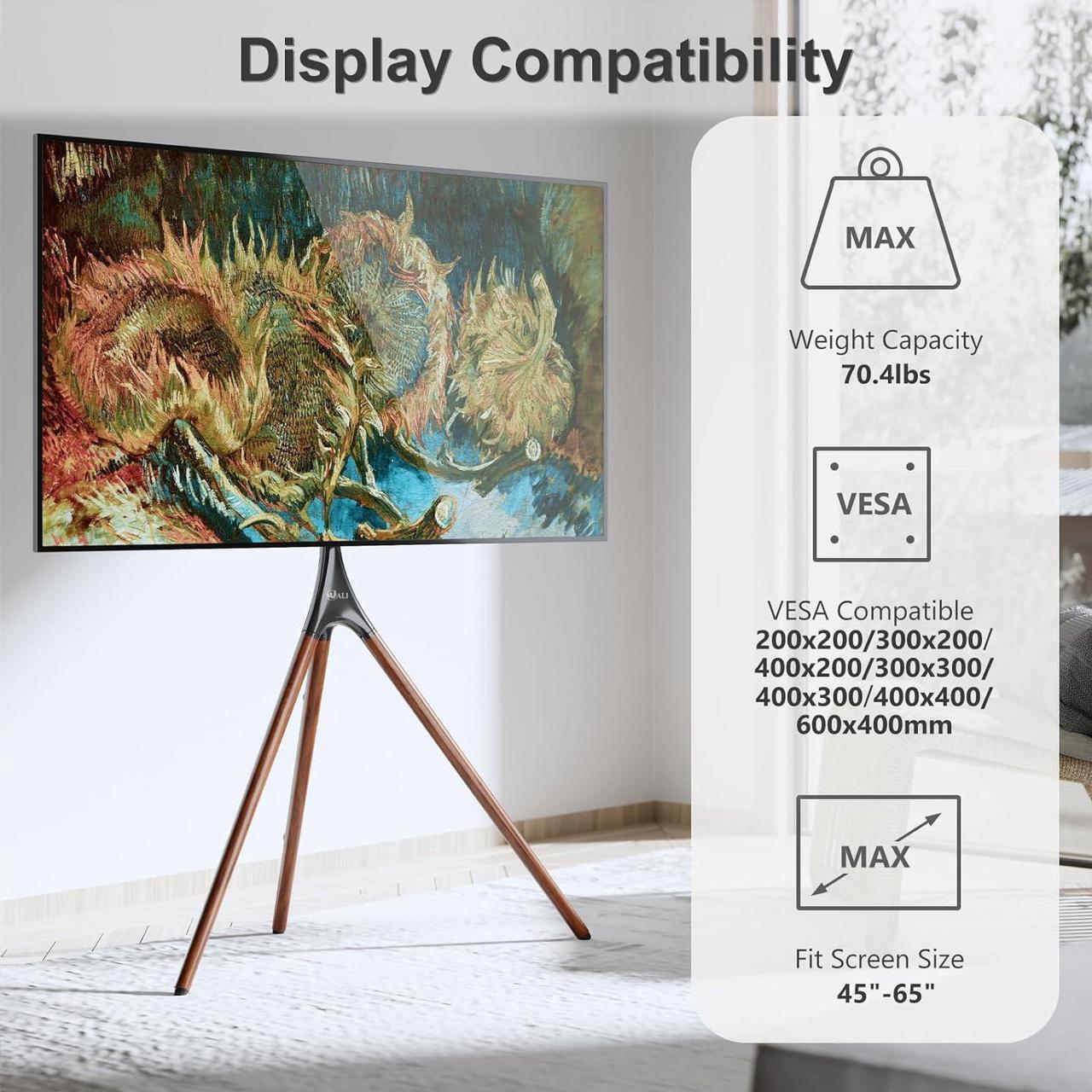 Alt view image 5 of 7 - WALI Tripod TV Stand, Modern Easel TV Stand for 45 to 65 inch Screens, Portable TV Floor Stand with Beech Wood Legs Stand, Height Adjustable Corner TV Mount for Home, Studio,Office (TFS001XL), Black