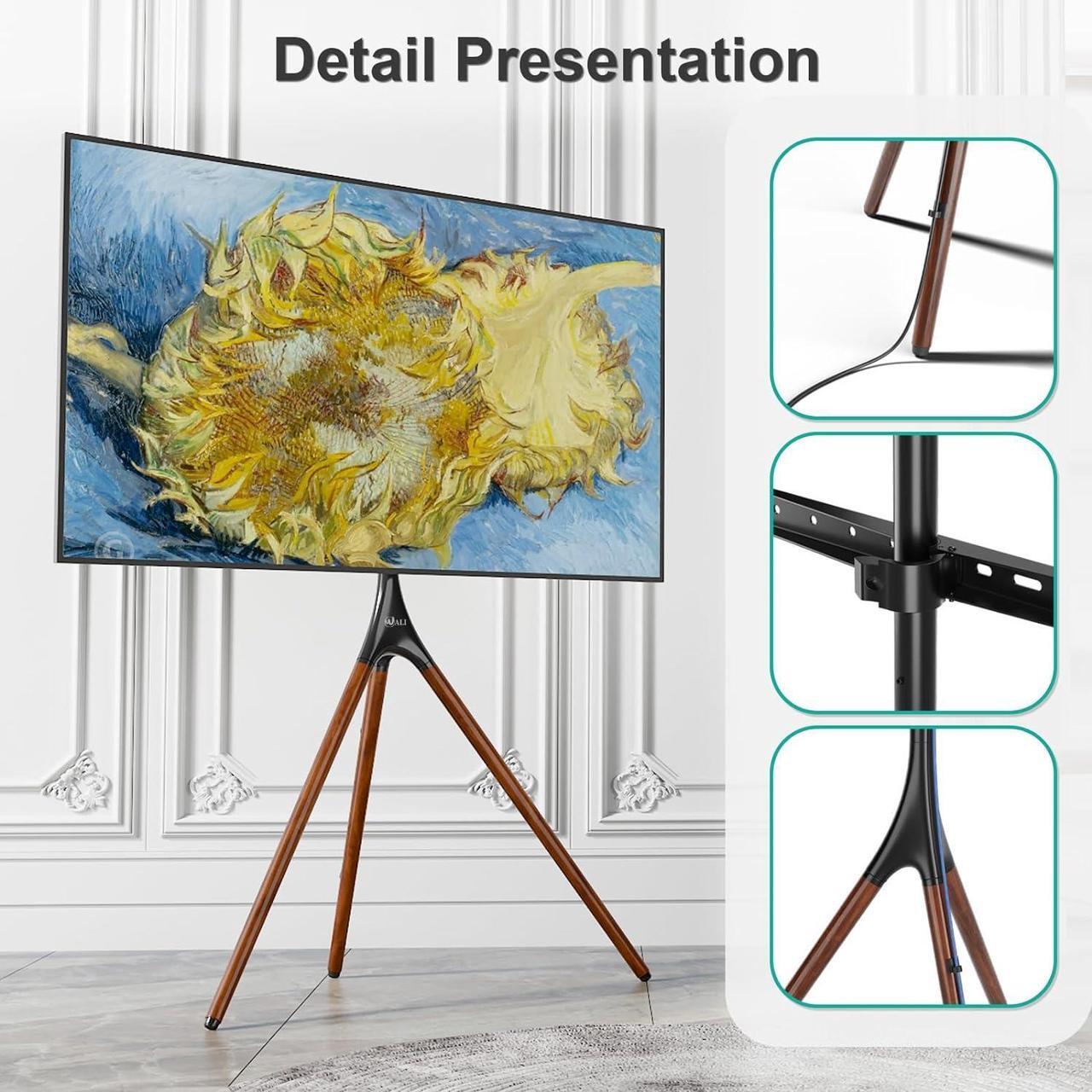 Alt view image 6 of 7 - WALI Tripod TV Stand, Modern Easel TV Stand for 45 to 65 inch Screens, Portable TV Floor Stand with Beech Wood Legs Stand, Height Adjustable Corner TV Mount for Home, Studio,Office (TFS001XL), Black