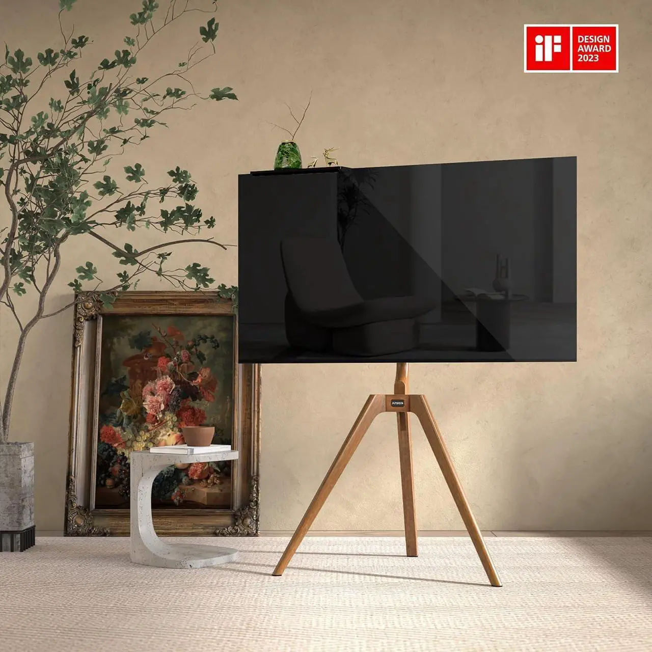 Alt view image 2 of 7 - PUTORSEN Premium Wood Easel TV Stand, Adjustable TV Tripod Stand for 45-65 Inch LED LCD Screen, Swivel TV Floor Stand with Top TV Shelf and Magnetic Concealed Cable Management, Max Load 88lbs, Walnut