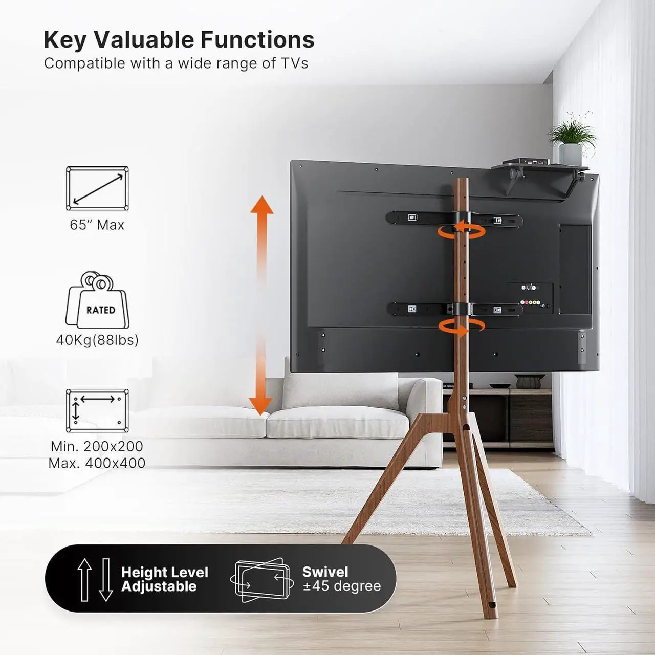 Alt view image 3 of 7 - PUTORSEN Premium Wood Easel TV Stand, Adjustable TV Tripod Stand for 45-65 Inch LED LCD Screen, Swivel TV Floor Stand with Top TV Shelf and Magnetic Concealed Cable Management, Max Load 88lbs, Walnut
