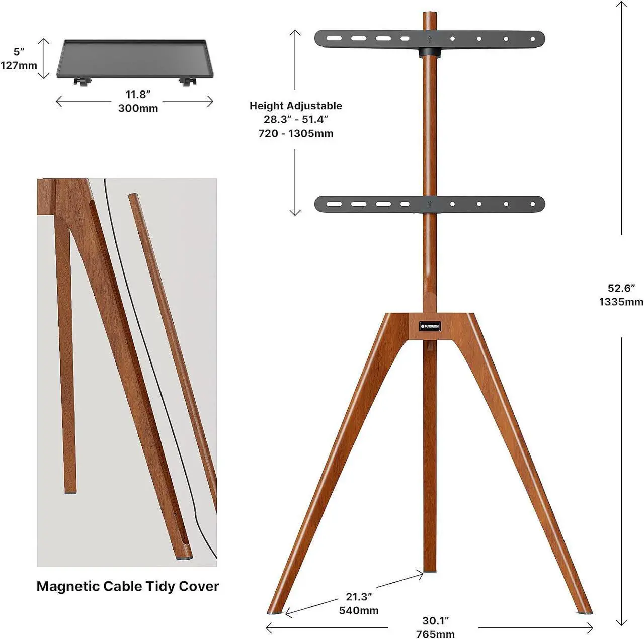 Alt view image 5 of 7 - PUTORSEN Premium Wood Easel TV Stand, Adjustable TV Tripod Stand for 45-65 Inch LED LCD Screen, Swivel TV Floor Stand with Top TV Shelf and Magnetic Concealed Cable Management, Max Load 88lbs, Walnut