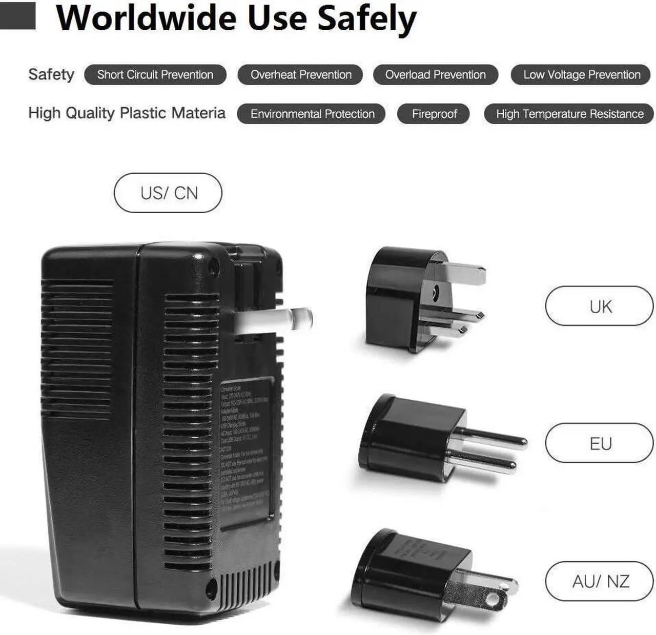 Alt view image 7 of 7 - 2000W 220V to 110V Voltage Converter Step Down Voltage for Hair Dryer,Straightener,Curling Iron,Cell Phone Power Converter with 2-Port USB and UK/AU/US/EU 10A Plug Adapter (Black-Write)