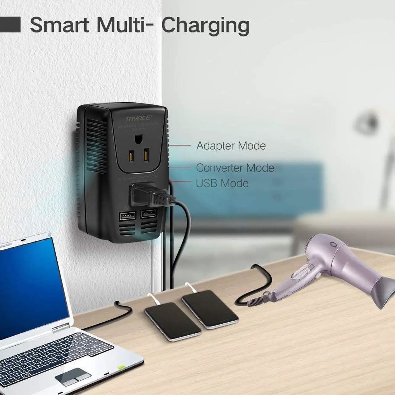 Alt view image 3 of 7 - 2000W 220V to 110V Voltage Converter Step Down Voltage for Hair Dryer,Straightener,Curling Iron,Cell Phone Power Converter with 2-Port USB and UK/AU/US/EU 10A Plug Adapter (Black-Write)