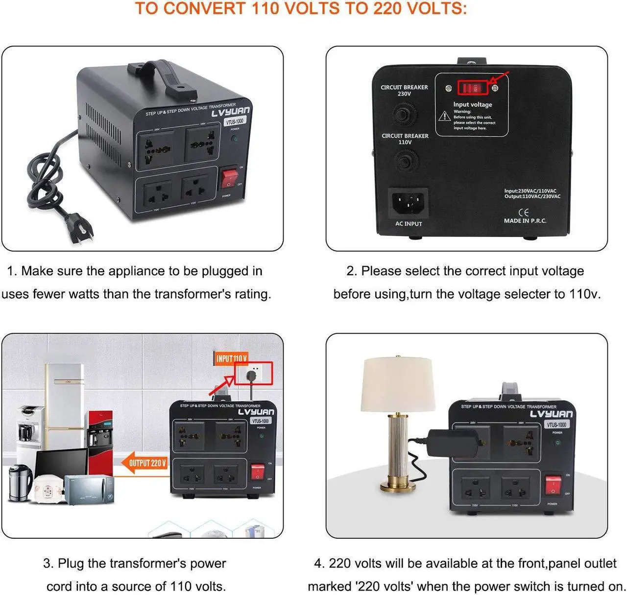 Alt view image 2 of 7 - Yinleader 1000W Voltage Converter Transformer(110V to 220V OR 220V to 110V) 1000 Watt Step Up/Down Converter 110/120 Volt - 220/240 Volt w/US Power Cord,Circuit Breaker Protection (VTUS-1000)