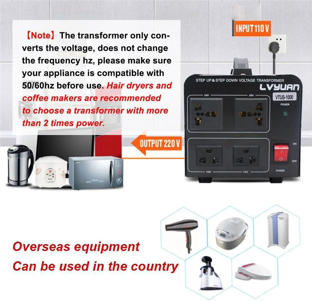 Alt view image 4 of 7 - Yinleader 1000W Voltage Converter Transformer(110V to 220V OR 220V to 110V) 1000 Watt Step Up/Down Converter 110/120 Volt - 220/240 Volt w/US Power Cord,Circuit Breaker Protection (VTUS-1000)