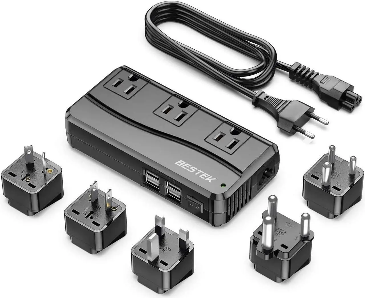 Main image of BESTEK 250W Power Converter 3-Outlet and 4-Port USB Travel Voltage Transformer 220V to 110V with Type G/D/M/AU/US Travel Plug Adapters