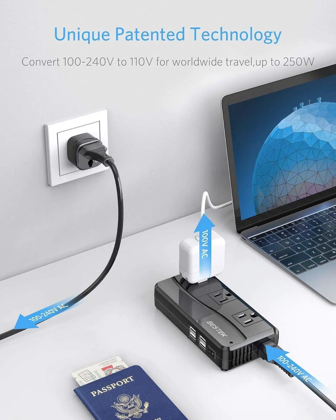 Alt view image 3 of 7 - BESTEK 250W Power Converter 3-Outlet and 4-Port USB Travel Voltage Transformer 220V to 110V with Type G/D/M/AU/US Travel Plug Adapters