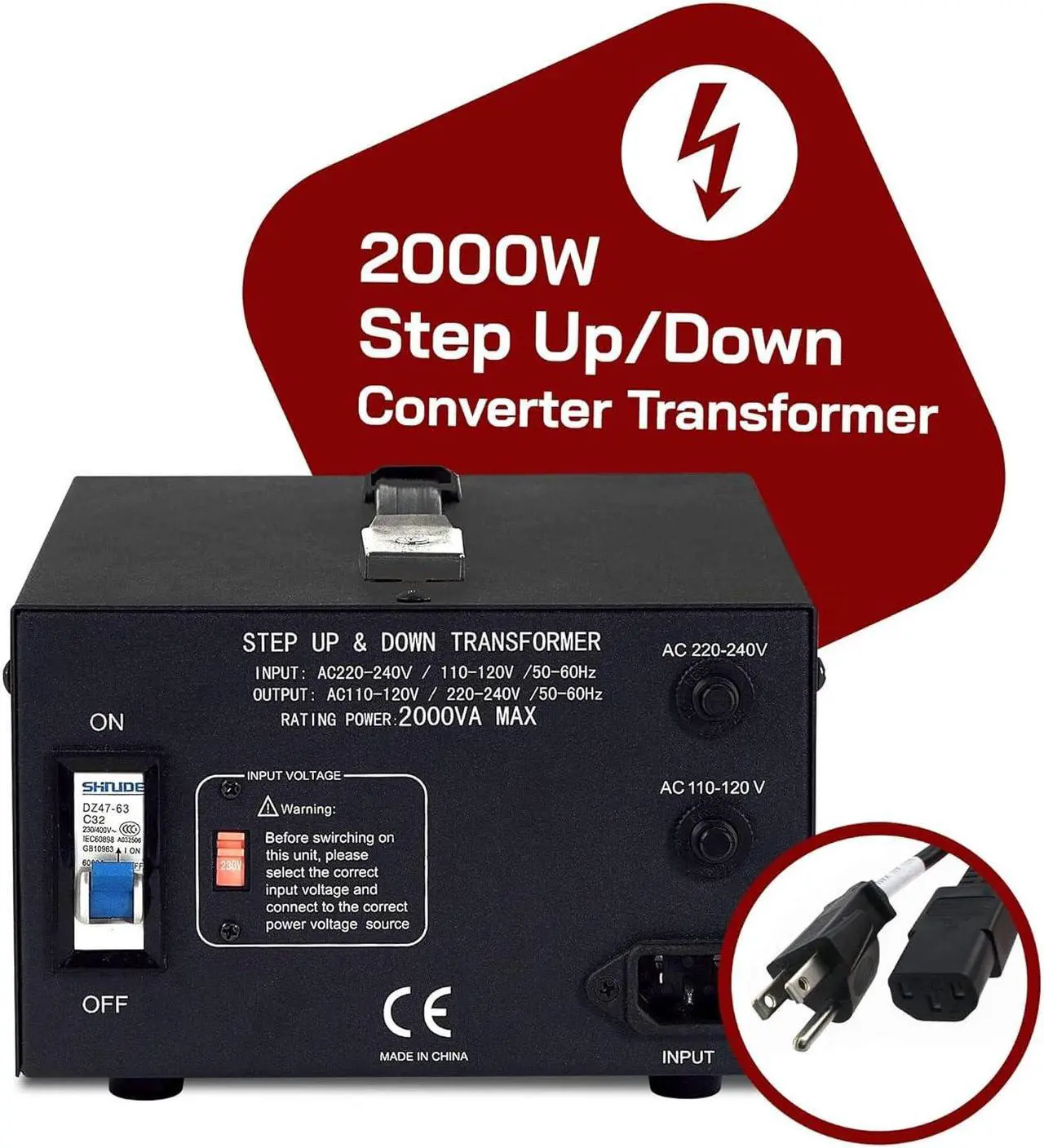 Alt view image 2 of 7 - LiteFuze LT Series 2000 Watt Voltage Converter Transformer Step Up/Down - 110v to 220v / 220v to 110v Power Converter - Fully Grounded Cord - Universal Socket, CE Certified