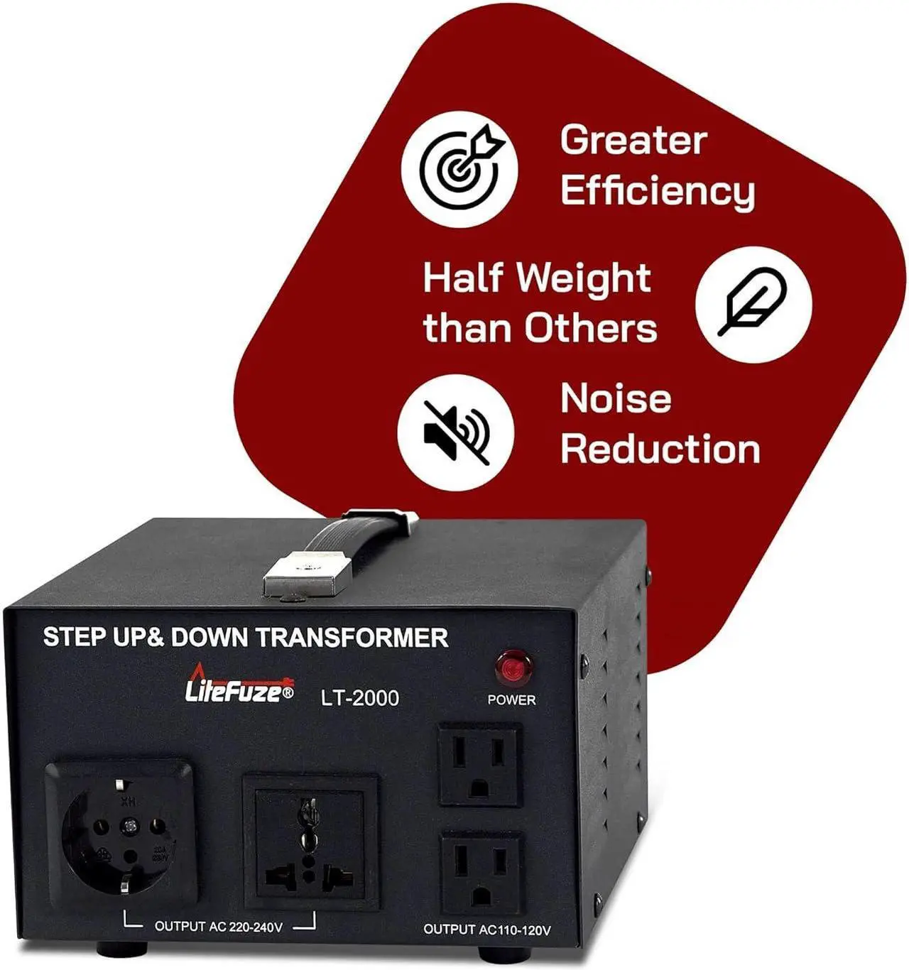 Alt view image 3 of 7 - LiteFuze LT Series 2000 Watt Voltage Converter Transformer Step Up/Down - 110v to 220v / 220v to 110v Power Converter - Fully Grounded Cord - Universal Socket, CE Certified