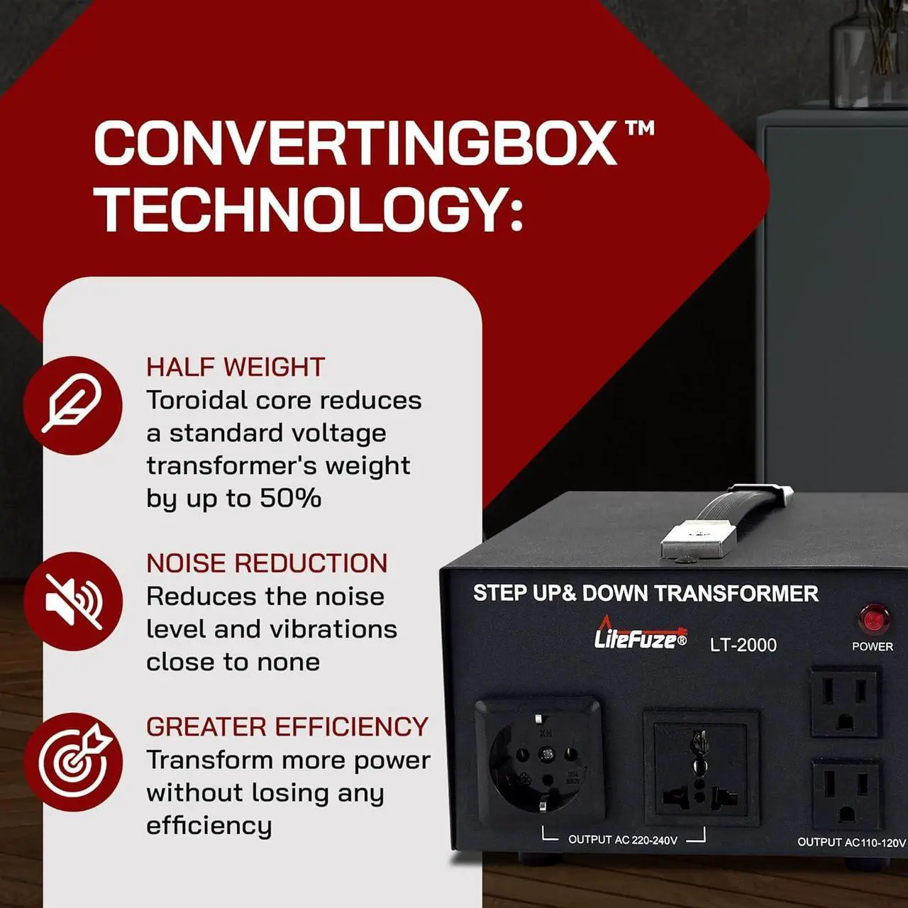 Alt view image 6 of 7 - LiteFuze LT Series 2000 Watt Voltage Converter Transformer Step Up/Down - 110v to 220v / 220v to 110v Power Converter - Fully Grounded Cord - Universal Socket, CE Certified