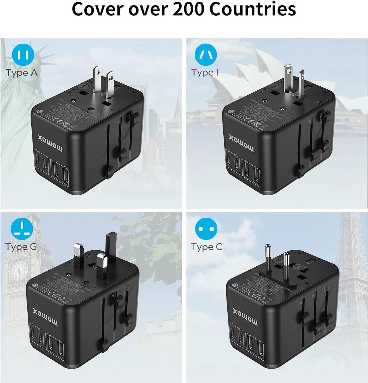 Alt view image 4 of 7 - MOMAX Universal Travel Adapter, 70W GaN International Power Adapter with UK,EU,AU,US Plugs, 3USB-C PD & 2USB-A QC Worldwide Travel Plug Adapter, International Adapter for Laptops Phones Vision Pro