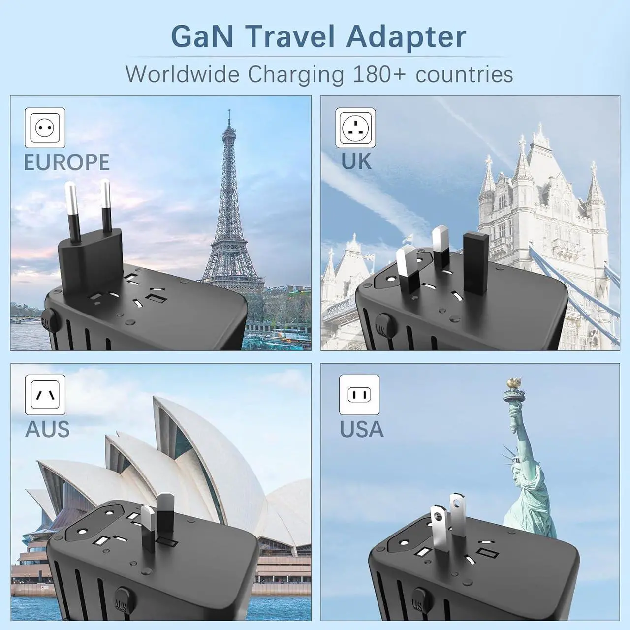 Alt view image 3 of 7 - 120W International Travel Adapter, 4USB-C & 1USB-A Worldwide Power Adapter, GaN Fast Charger with UK EU AU US Plugs, All-in-One International Converter for Tablets Phones