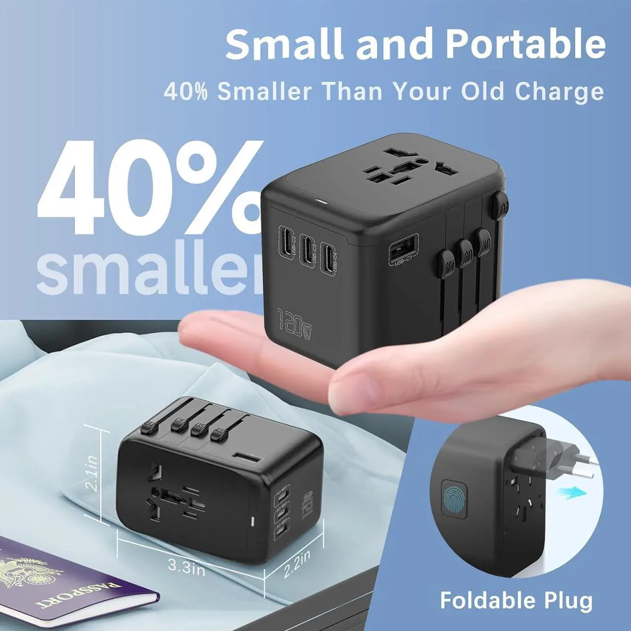 Alt view image 5 of 7 - 120W International Travel Adapter, 4USB-C & 1USB-A Worldwide Power Adapter, GaN Fast Charger with UK EU AU US Plugs, All-in-One International Converter for Tablets Phones