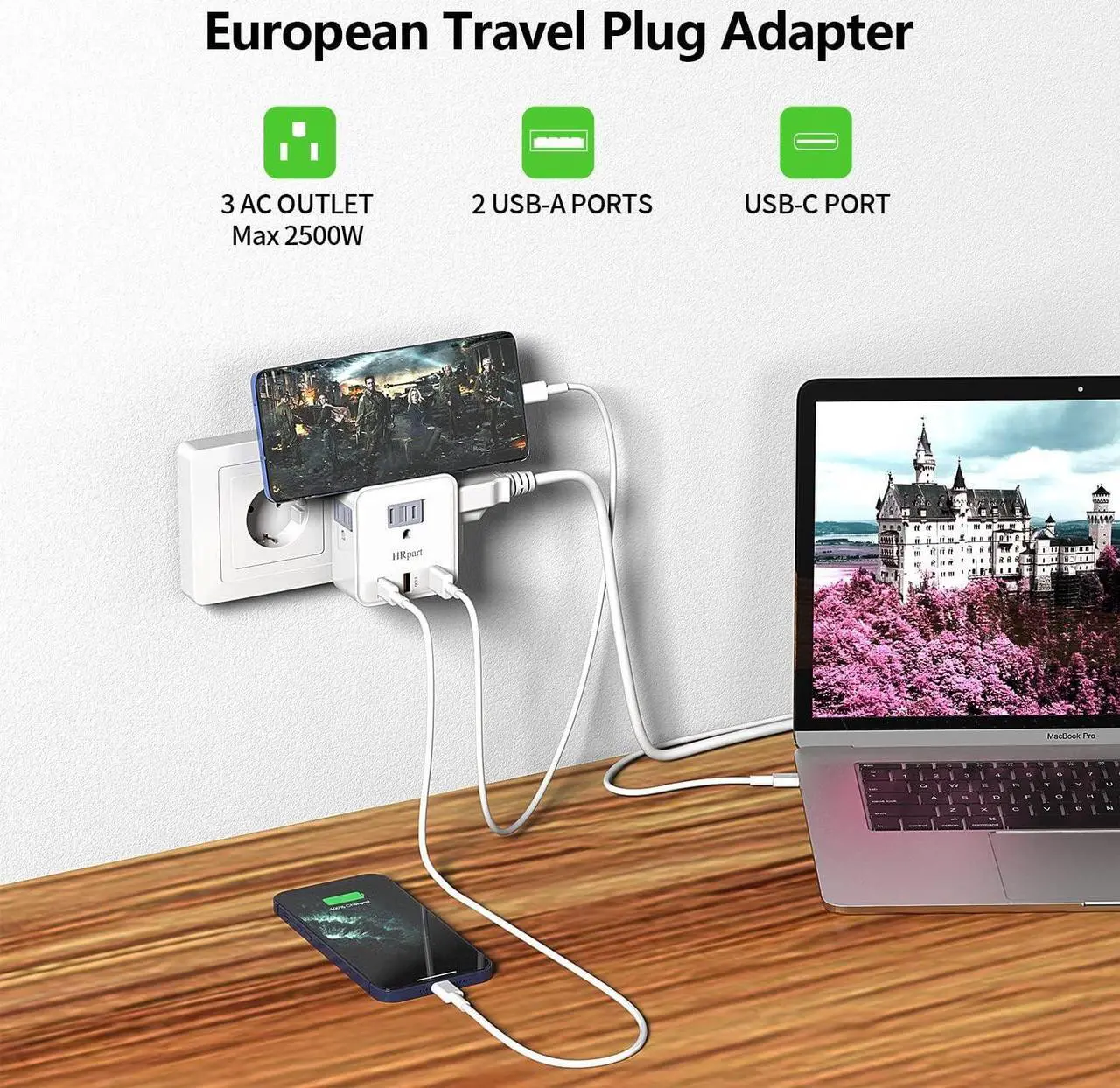 Alt view image 6 of 7 - [2 Pack] European Travel Plug Adapter,HRpart International Power Adapter,with 20W PD3.0&QC3.0 Ports,High-Speed Charging for Mobile Phones,Travel Essentials from USA to Europe White