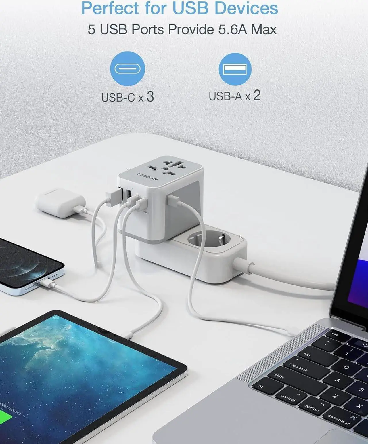 Alt view image 3 of 7 - TESSAN Universal Travel Adapter, International Power Adapter 5.6A 28W 3 USB C 2 USB A Ports, Travel Worldwide Plug Adaptor, Outlet Wall Charger for Europe UK EU AUS (Type C/G/A/I)