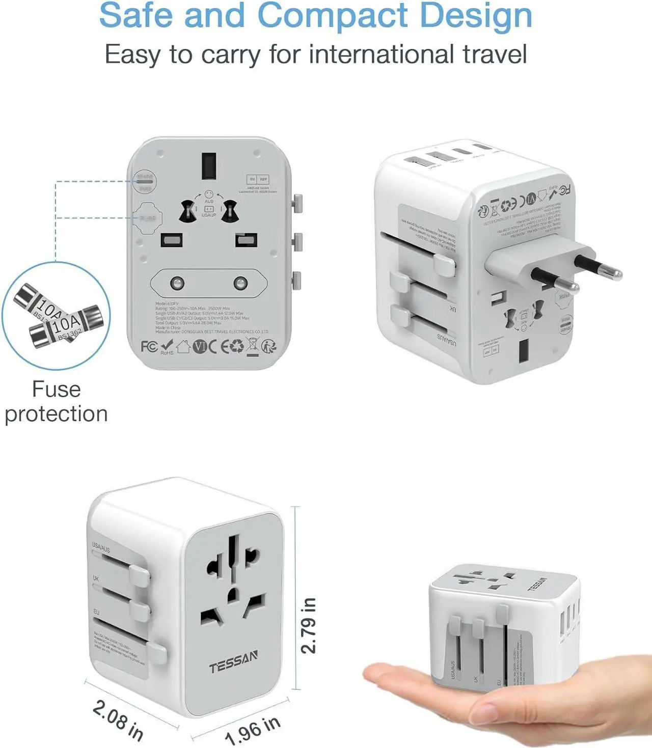 Alt view image 5 of 7 - TESSAN Universal Travel Adapter, International Power Adapter 5.6A 28W 3 USB C 2 USB A Ports, Travel Worldwide Plug Adaptor, Outlet Wall Charger for Europe UK EU AUS (Type C/G/A/I)