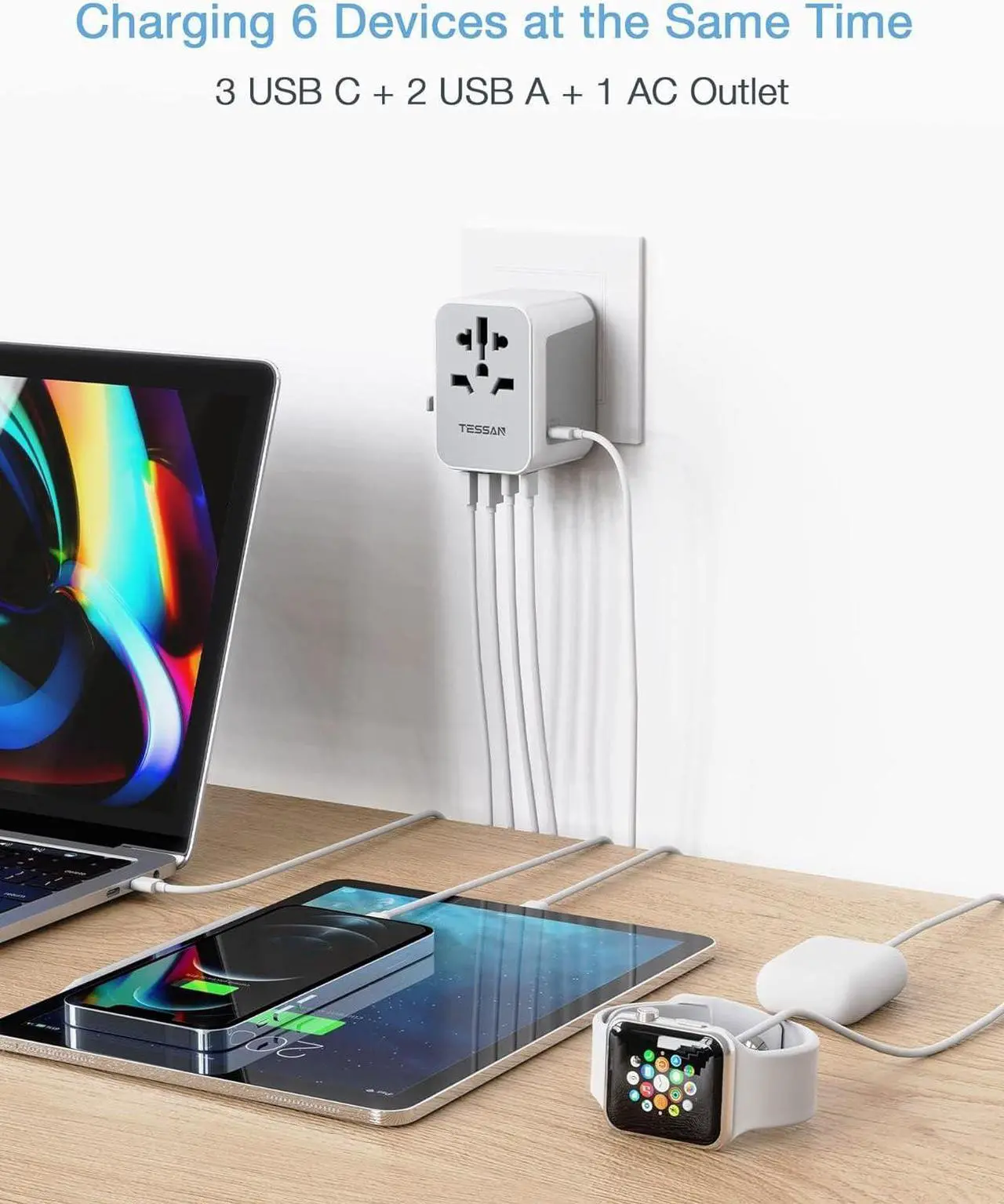Alt view image 6 of 7 - TESSAN Universal Travel Adapter, International Power Adapter 5.6A 28W 3 USB C 2 USB A Ports, Travel Worldwide Plug Adaptor, Outlet Wall Charger for Europe UK EU AUS (Type C/G/A/I)