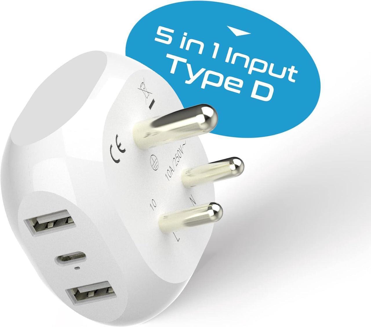 Alt view image 2 of 7 - Ceptics India, Pakistan Travel Adapter - 5 Input with QC 3.1A Dual USB and USB-C - Ultra Compact - Light Weight - USA to Any Type D Countries Such as Bangladesh, Maldives and More (PTU-10), White