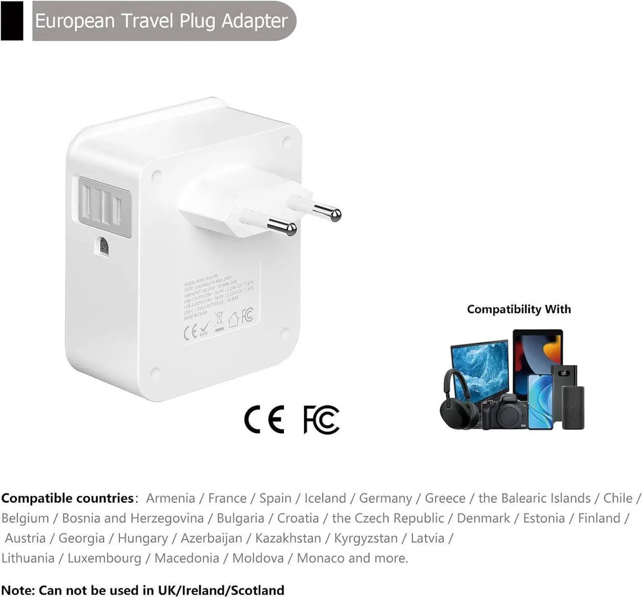 Alt view image 4 of 7 - [2 Pack] European Travel Plug Adapter,HRpart International Power Adapter,with 20W PD3.0&QC3.0 Ports,High-Speed Charging for Mobile Phones,Travel Essentials from USA to Europe White