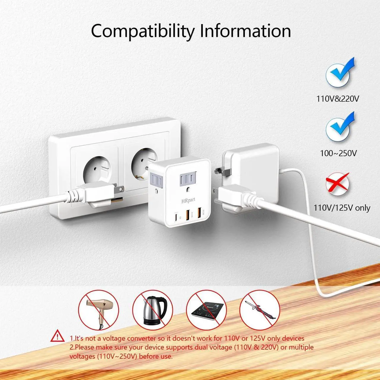 Alt view image 5 of 7 - [2 Pack] European Travel Plug Adapter,HRpart International Power Adapter,with 20W PD3.0&QC3.0 Ports,High-Speed Charging for Mobile Phones,Travel Essentials from USA to Europe White