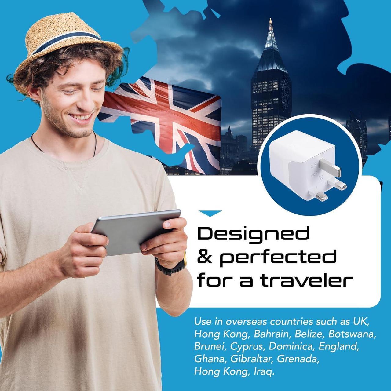 Alt view image 4 of 7 - Ceptics UK Travel Adapter Plug - with 2 USB + USA Socket Input - Type G - Ultra Compact - Safe Grounded Perfect for Cell Phones, Laptops, Camera Chargers