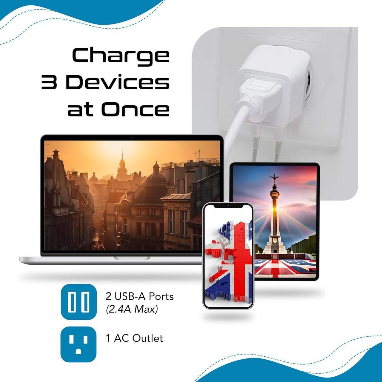 Alt view image 7 of 7 - Ceptics UK Travel Adapter Plug - with 2 USB + USA Socket Input - Type G - Ultra Compact - Safe Grounded Perfect for Cell Phones, Laptops, Camera Chargers