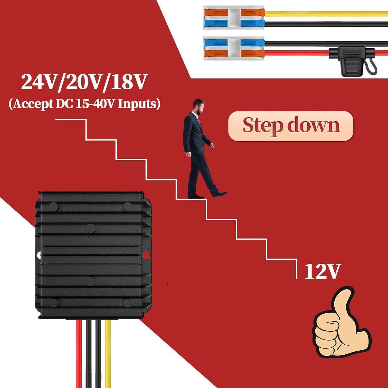 Alt view image 2 of 7 - 24VDC to 12VDC Converter 15A 180W, 18V to 12V Converter with Fuse Waterproof and Wire Terminal Block, Converter 24V to 12V for Cart LED Light Truck Vehicle Boat Solar System (Accept DC 15-40V Inputs)