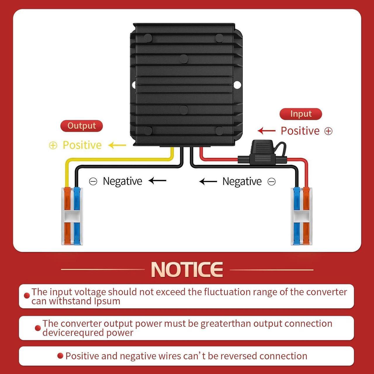 Alt view image 6 of 7 - 24VDC to 12VDC Converter 15A 180W, 18V to 12V Converter with Fuse Waterproof and Wire Terminal Block, Converter 24V to 12V for Cart LED Light Truck Vehicle Boat Solar System (Accept DC 15-40V Inputs)