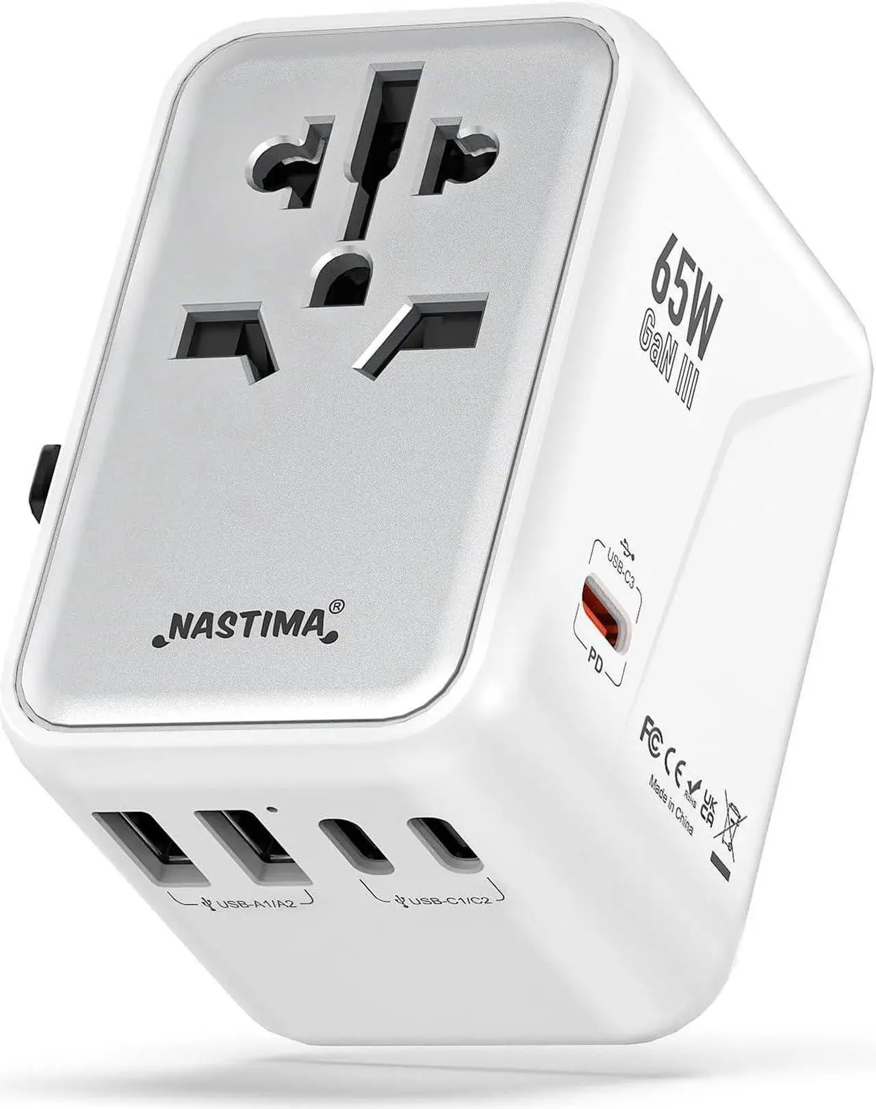 Main image of NASTIMA 65W Universal Travel Adapter Worldwide, 3USB-C PD & 2USB-A QC Travel Charger, GaN III Technology for Laptops Tablets Phones with UK,EU,AU,US Plugs (Type G/C/I/A)