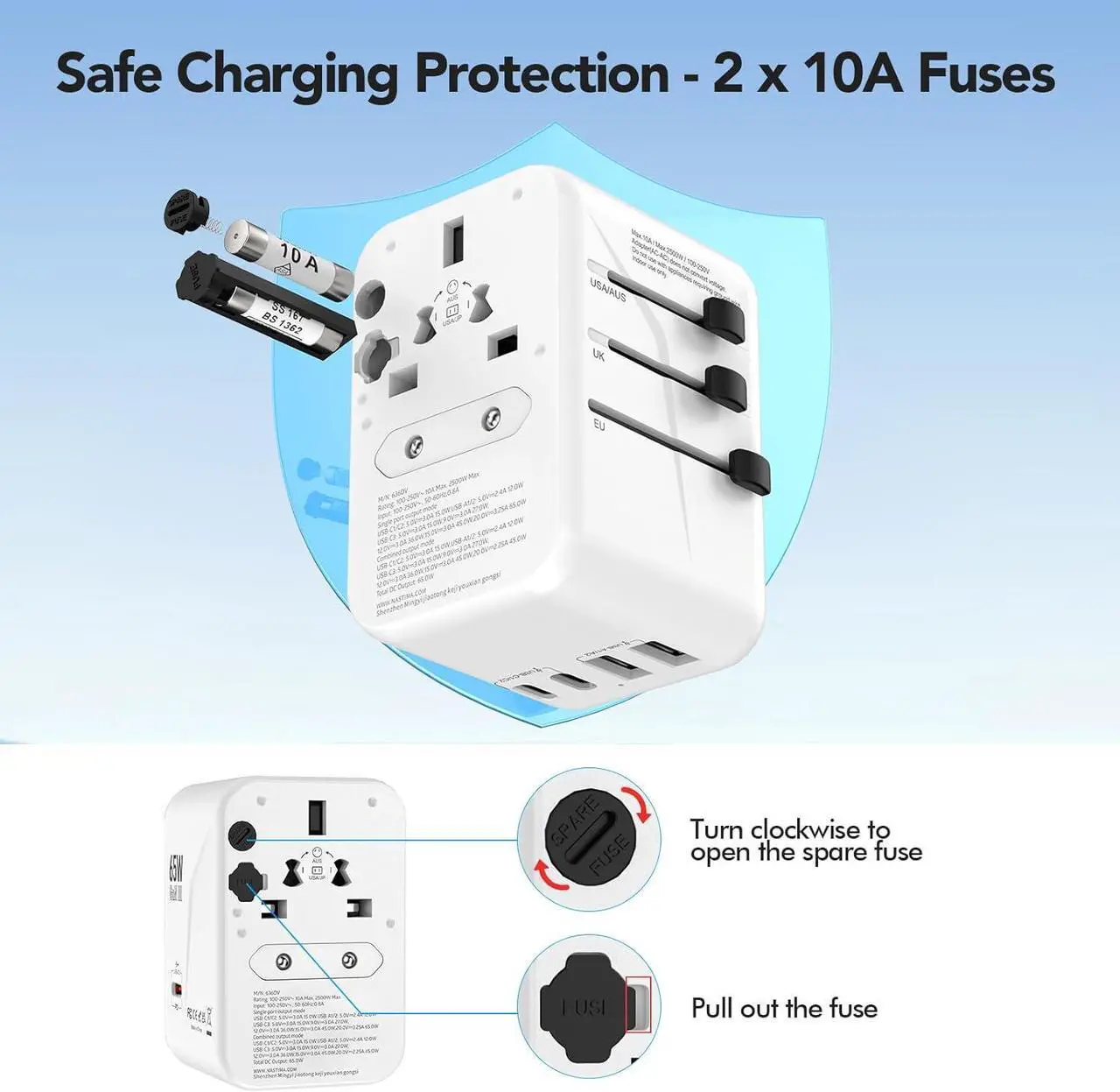 Alt view image 6 of 7 - NASTIMA 65W Universal Travel Adapter Worldwide, 3USB-C PD & 2USB-A QC Travel Charger, GaN III Technology for Laptops Tablets Phones with UK,EU,AU,US Plugs (Type G/C/I/A)