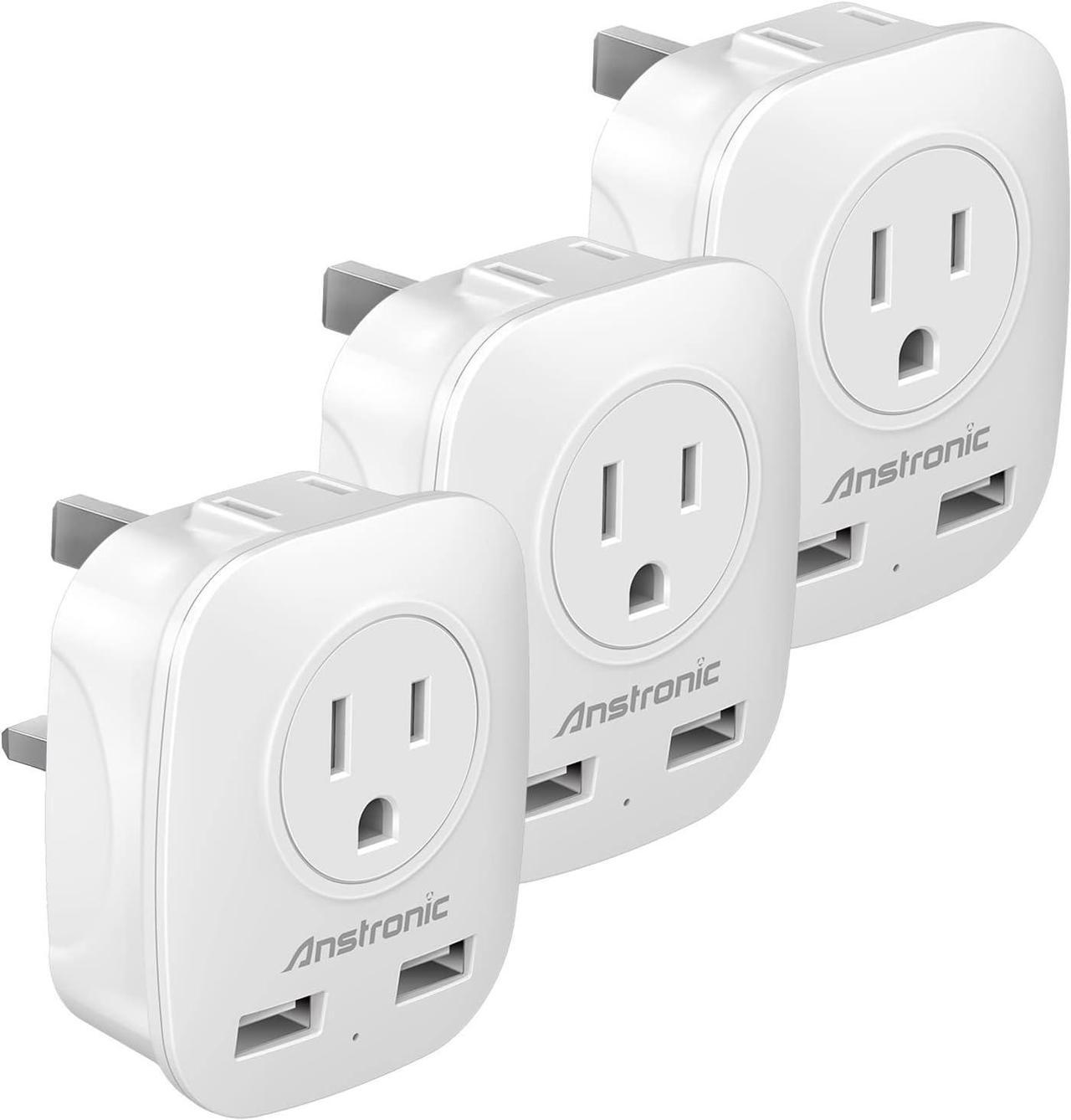 Main image of [3-Pack] US to UK Ireland Travel Plug Adapter, Anstronic International Power Adaptor with 2 USB, 4 in 1 Type G Power Outlet Adaptor for USA to England Kenya Dubai Irish Scotland