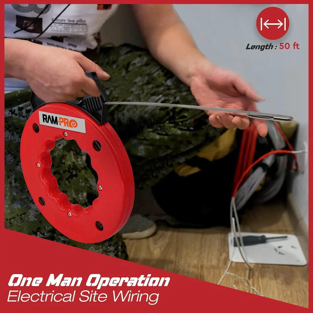 Alt view image 2 of 6 - Fish tape Wire Puller 50ft - Easy to use Cable Puller Tool with Double Loop Tip - Flexible Wire Fishing Tools for Walls and Electrical Conduit - 1/8 Steel Fish Tape Durable Housing - RamPro