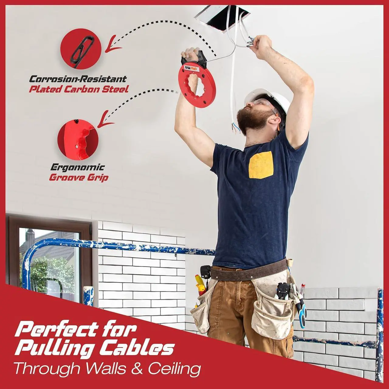 Alt view image 5 of 6 - Fish tape Wire Puller 50ft - Easy to use Cable Puller Tool with Double Loop Tip - Flexible Wire Fishing Tools for Walls and Electrical Conduit - 1/8 Steel Fish Tape Durable Housing - RamPro