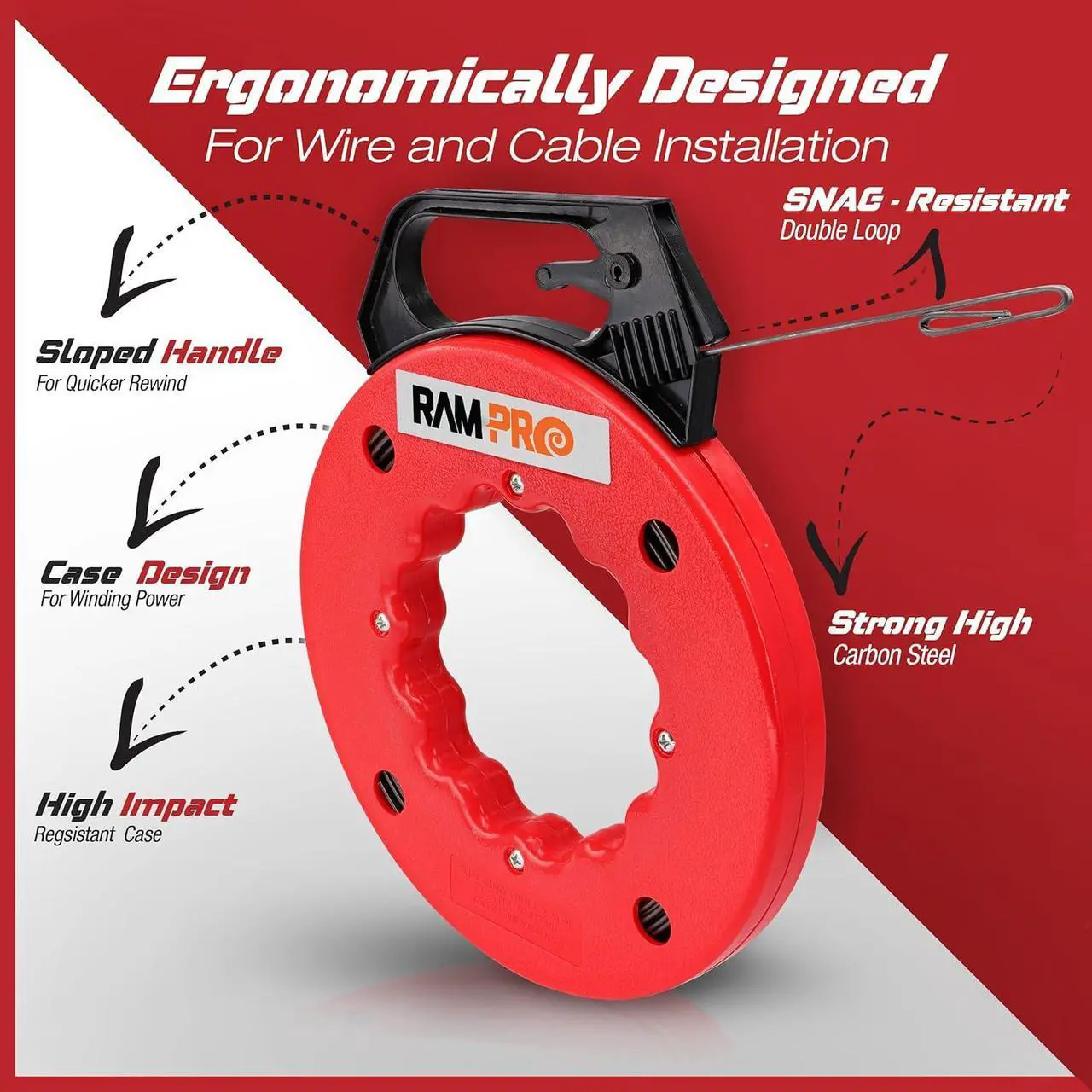 Alt view image 6 of 6 - Fish tape Wire Puller 50ft - Easy to use Cable Puller Tool with Double Loop Tip - Flexible Wire Fishing Tools for Walls and Electrical Conduit - 1/8 Steel Fish Tape Durable Housing - RamPro