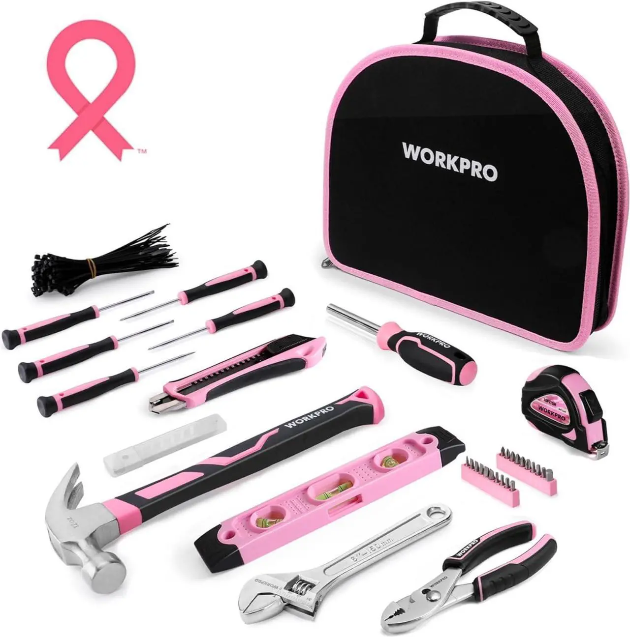 Main image of WORKPRO Pink Tool Kit - Hand Tool Set with Easy Carrying Round Pouch - Durable, Long Lasting Chrome Finish Tools - Household Tool Kit Perfect for DIY, Home Maintenance - Pink Ribbon