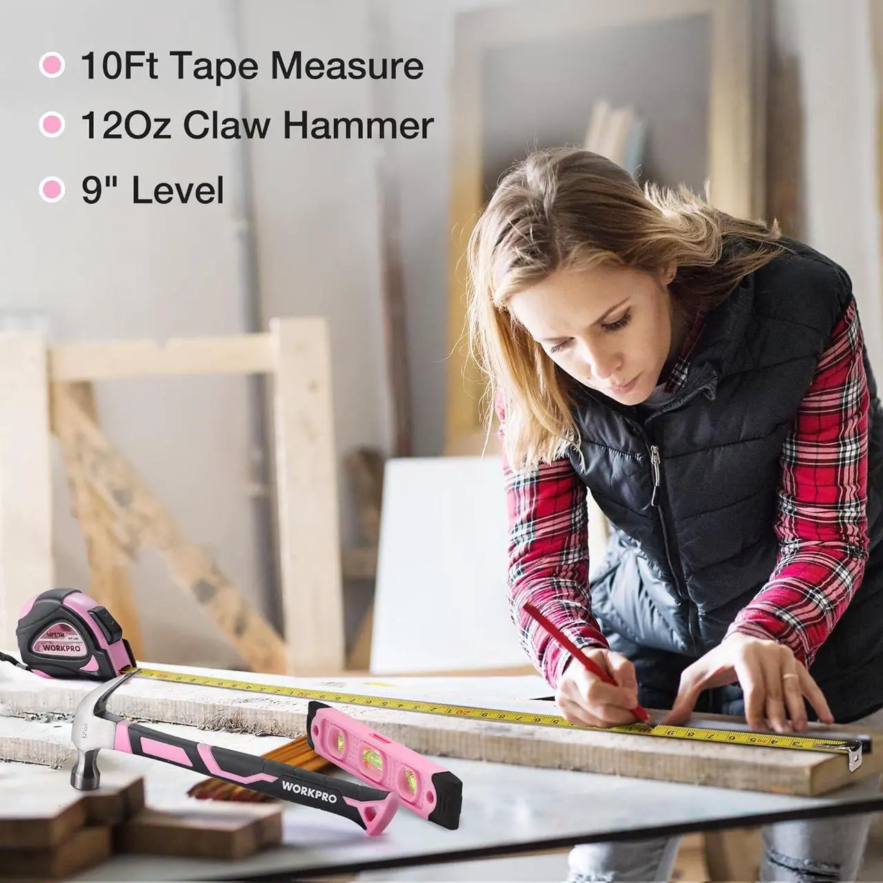 Alt view image 5 of 7 - WORKPRO Pink Tool Kit - Hand Tool Set with Easy Carrying Round Pouch - Durable, Long Lasting Chrome Finish Tools - Household Tool Kit Perfect for DIY, Home Maintenance - Pink Ribbon