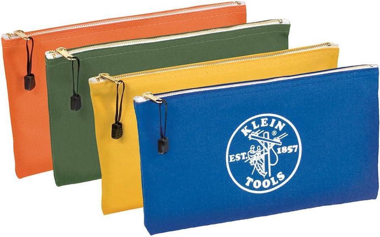 Main image of Klein Tools 5140 Canvas Zipper Bag, Tool Pouch, Tool Bag, Utility Bag, Bank Deposit Bag, 12.5 x 7-Inch, Olive/Orange/Blue/Yellow 4-Pack